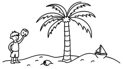 Boy on Tropical Beach with Palm Tree and Coconut