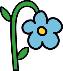 Cute Cartoon ForgetMeNot Flower with Stem and Leaves.
