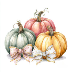 Illustration of Colorful pumpkins with decorative bows for autumn seasonal decor.