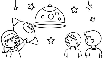 Fototapeta premium Kids Playing with Rocket and Space Lamp Coloring Page