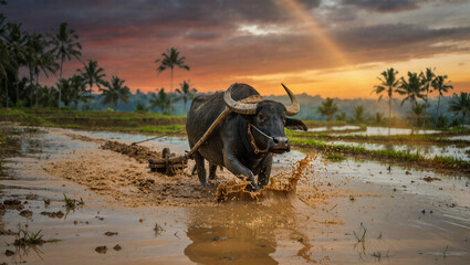 AI Generated: Buffalo Working Hard in Rice Field
A hyper-realistic cinematic wide shot of a muddy buffalo pulling a heavy wooden plow through flooded paddy fields at dawn. Its powerful body strains fo