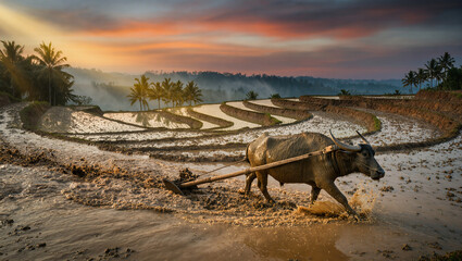 AI Generated: Buffalo Working Hard in Rice Field
A hyper-realistic cinematic wide shot of a muddy buffalo pulling a heavy wooden plow through flooded paddy fields at dawn. Its powerful body strains fo