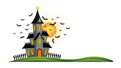 Spooky Halloween scene: A whimsical illustration depicting a haunted house set against a full moon, with silhouettes of bats flitting about, evokes the spirit of Halloween.