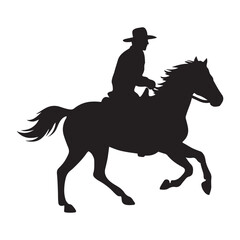 Silhouette of a Cowboy Riding a Horse at Full Gallop on White
