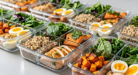Prepared meals, healthy food in glass containers on a light gray surface