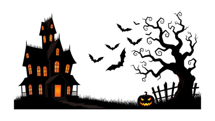Spooky Halloween Night: A chilling silhouette of a haunted house, sinister bats, and a gnarled tree against the backdrop of a festive season, the pumpkins glow eerily in this Halloween-themed imagery.