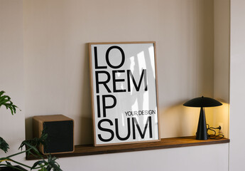 Mockup Of Vertical Customized Framed Poster On Shelf