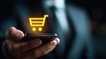 Close-up hand holds a phone with a glowing shopping cart icon on a dark interface. Ideal for ecommerce, mobile checkout, product pages, ads, and slides about sales, conversion, payments, and retail