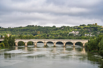 Scenic landscape view of landmark Pont-Canal navigable aqueduct over Garonne river, Agen, Lot-et-Garonne, France