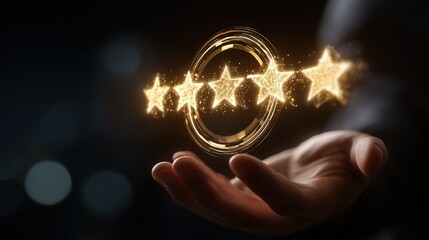 Open hand presents a luminous five-star quality badge on a dark background. Great for reviews, testimonials, awards, hospitality, and slides about reputation, excellence, premium service, and customer
