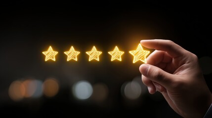 Hand places a glowing star in a five-star row on a dark interface. Useful for feedback pages, customer reviews, NPS surveys, apps, and slides about satisfaction, quality scores, loyalty, and service.