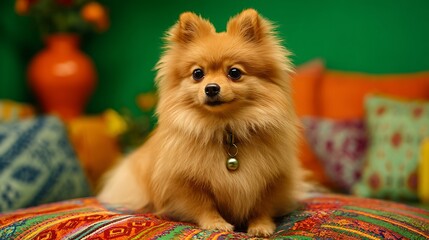 A fluffy pomeranian dog sitting on a colorful pillow with a bell collar against a green background