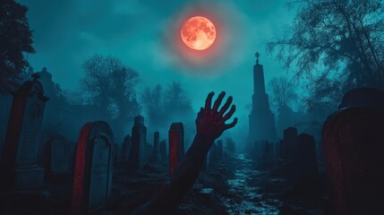 Obraz premium Bony pale hands of sexy woman vampire with sharp bloody red nails rising out from the ground,Halloween grave crosses,zombies at night,creepy hand coming out of the ground,halloween concept.