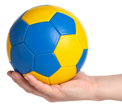 hand holding a handball in blue yellow color isolated on white background