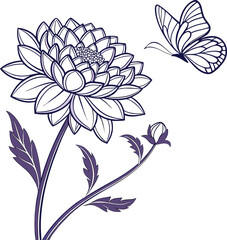 Elegant line art dahlia flower with a delicate butterfly in flight
