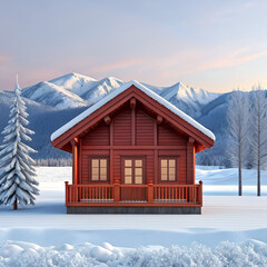 Cozy wooden cabin nestled in a snowy mountain landscape