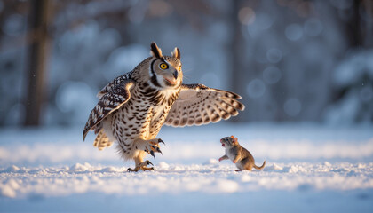 Owl hunting mouse in snow at dusk, predator-prey tension