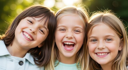 Close-up portrait of three joyful girls laughing together outdoors.