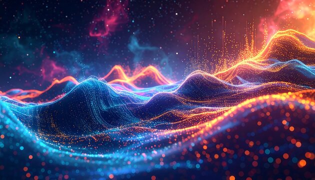 Abstract digital landscape of swirling particles - Powered by Adobe