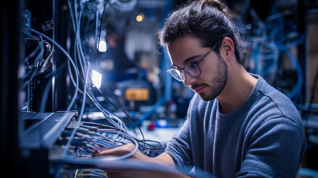 Computer engineer is setting up network in server room,Systems Maintenance Technician,Male engineer working in server room at modern data center