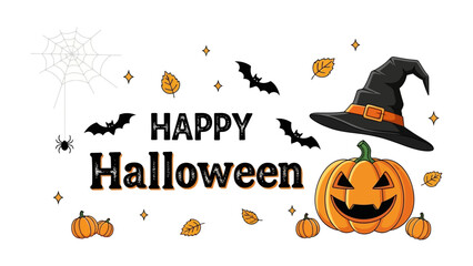 Spooky Halloween Scene: A festive Halloween composition, featuring a smiling pumpkin, bats, witch hat, spider web, and falling leaves, perfectly encapsulates the spirit of the holiday. 