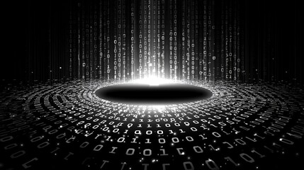 Abstract binary code '0' and '1' forming an open circle with glowing blue point on black background. Vector art for technology graphics, social media, and data exploration visualization.