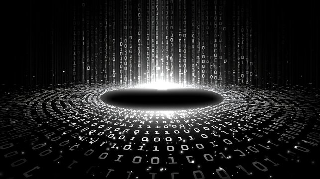 Abstract binary code '0' and '1' forming an open circle with glowing blue point on black background. Vector art for technology graphics, social media, and data exploration visualization.