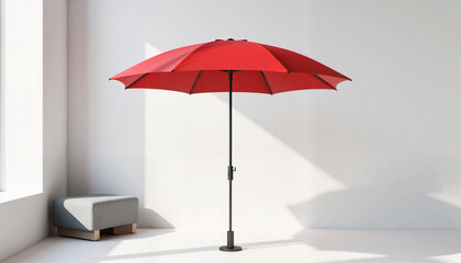 Fototapeta premium Vibrant red umbrella in minimalist office corner, modern simplicity