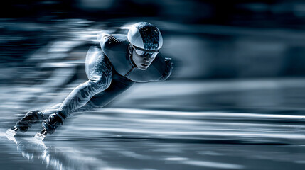 Dynamic sports photo of a speed skater on the ice of a stadium during the Olympic competition, blurred background, athletic pose