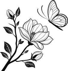 Elegant magnolia flower with dynamic butterfly line art illustration