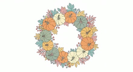 Colorful Pumpkin Wreath Design with Autumn Leaves for Seasonal Decor
