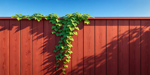 Green vine growing over a red wooden fence under a blue sky