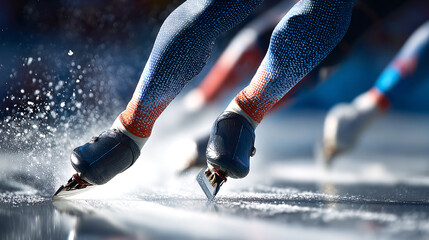 A dynamic sports photo of close-up of speed skaters' legs on a stadium track during the competitions, blurred background, reportage style