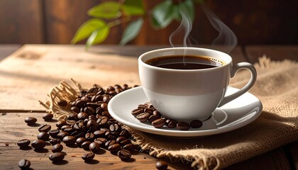 Fototapeta premium A steaming cup of coffee on a rustic wooden table