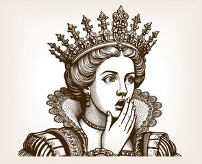 royal queen wearing an ornate crown and jewelry, with wide eyes and surprised expression sketch engraving generative ai fictional character vector illustration. Scratch board. Black and white image.