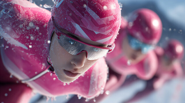 Dynamic sports photography close-up portrait of a female speed skater at the competitions, blurred background, reportage style