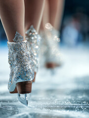 Sports photography - close-up of a figure skater's legs in figure skates on the ice of a stadium during the competition, blurred background, reportage style