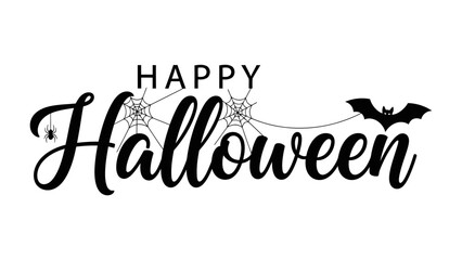 Spooky Halloween Greeting: A minimalist and elegant vector illustration featuring the words Happy Halloween written in a stylish script, alongside spiderwebs and a silhouette of a bat.
