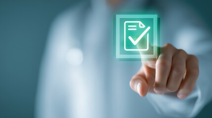 Doctor selects a luminous checklist document icon on a blue medical interface. Useful for compliance, documentation, onboarding and health administration, and slides about approval, records management