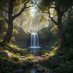 Waterfall in the forest, waterfall in autumn, A serene forest with a hidden waterfall, dappled sunlight filtering through the trees.