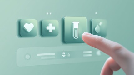 Fototapeta premium Finger taps glowing medical interface with icons for heart, cross, test tube and drop. Ideal for healthcare apps, telemedicine, diagnostics and presentations about innovation, science and patient care