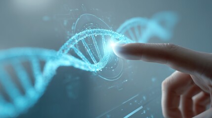 Hand highlights a glowing DNA double helix on a digital medical dashboard. Perfect for genetics, biotech and research content, and presentations about sequencing, diagnostics, precision medicine