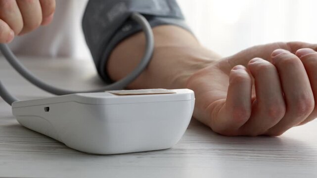 An automatic electronic tonometer on the arm of a man suffering from hypertension and severe headaches due to high blood pressure.
Measurement, pressure, heart. tonometer, fatigue, weakness.