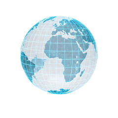 Digital earth globe with glowing grid lines and continents showcasing africa and europe for technology and global business concepts on transparent background