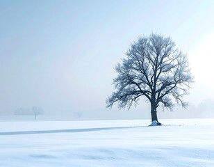 Lone Tree in Snowy Landscape Under Soft Winter Light and Fog