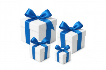 Group of white gifts with blue ribbons and bows, symbolizing celebration, holidays, and special occasion surprises