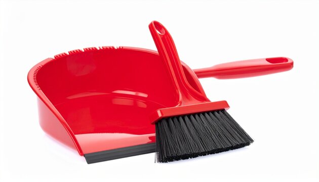 Red dustpan and brush set with angled black bristles, placed on a clean white surface, showcasing a bold and functional household cleaning tool.