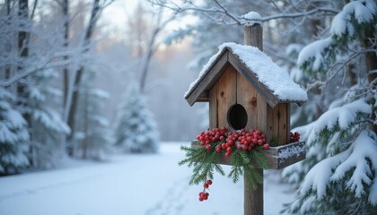 A wooden birdhouse covered in snow, adorned with red berries and green foliage. Snowy trees surround the scene, creating a winter wonderland atmosphere.
