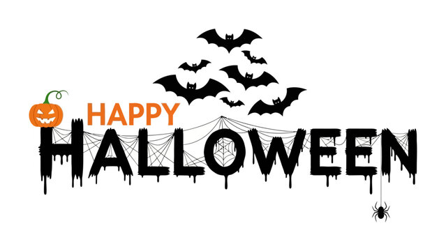 Spooky Halloween Celebration: A chillingly festive digital image, complete with a grinning jack-o'-lantern, ominous bats, and spiderwebs, forming a celebratory Happy Halloween message.
