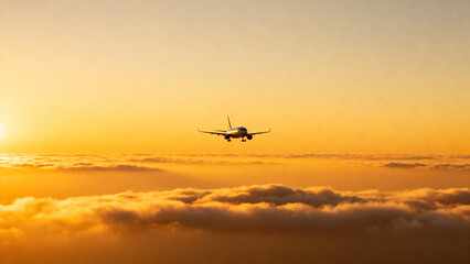 Sunset Airplane Landing Above Clouds